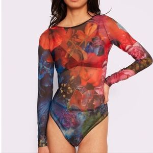 Parade Silky Mesh Long Sleeve Bodysuit in Floral Bloom Pattern